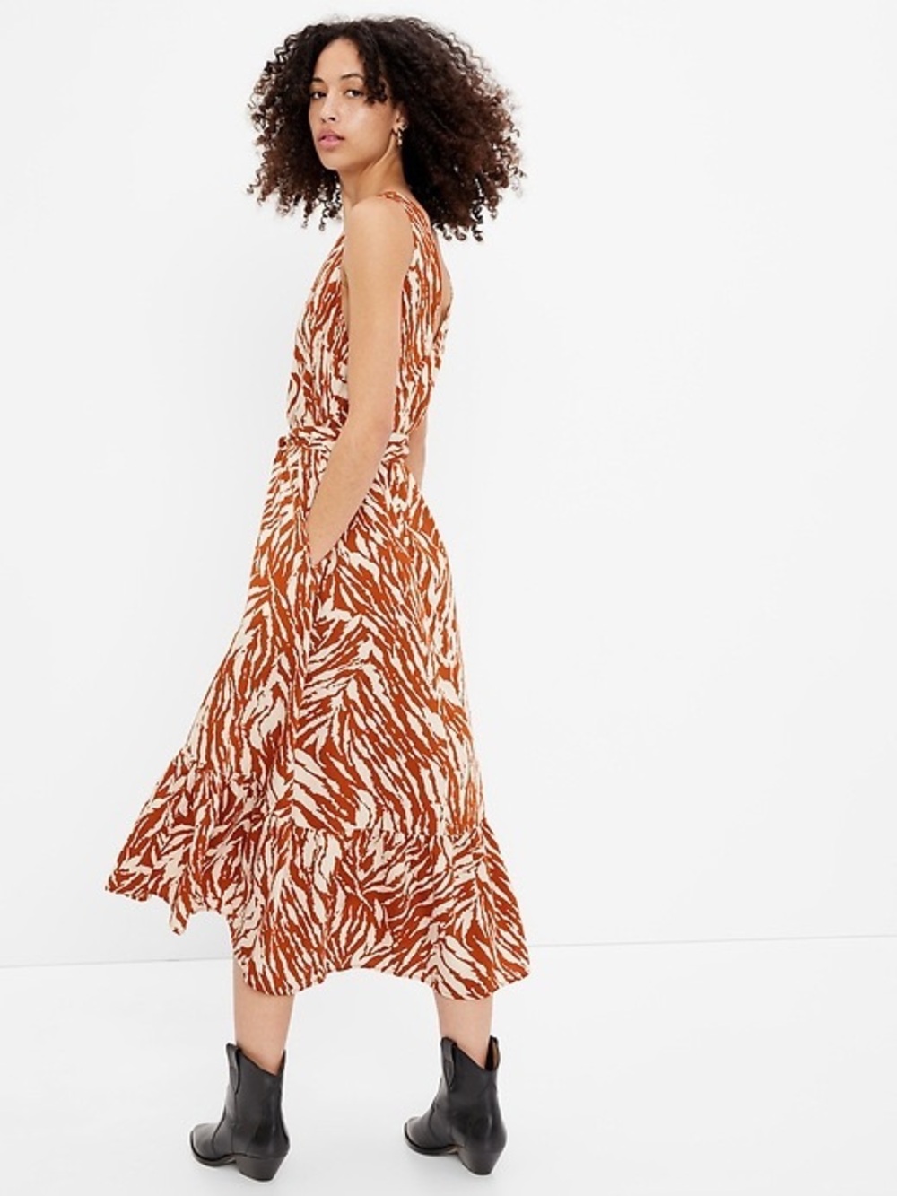 Gap Brown Zebra Print Maxi Dress V-Neck Tie Waist XS